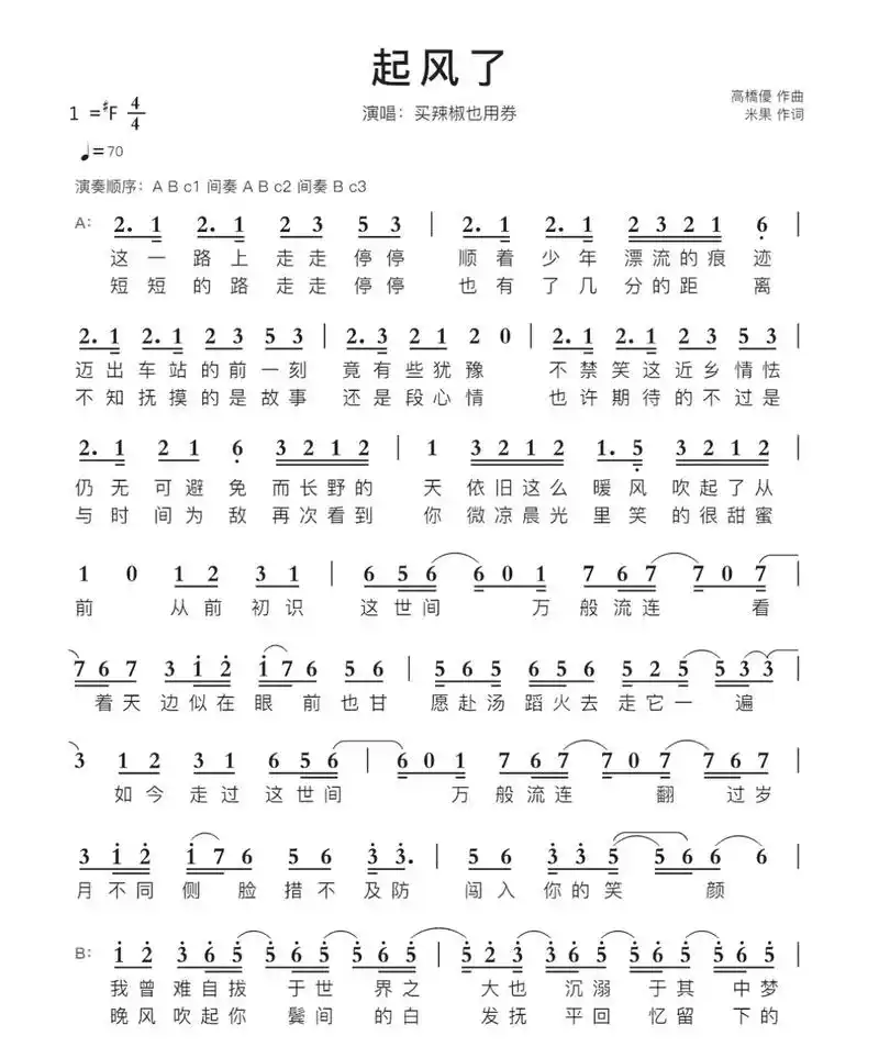 起风了简谱.《起风了》曲谱分享给你们!