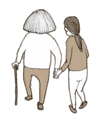 女儿牵着年迈的母亲背影