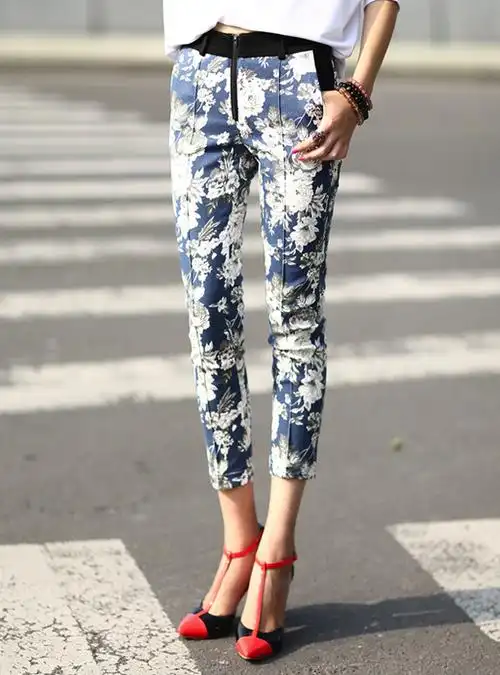街拍潮欧美大花裤子九分裤款休闲显瘦修身小脚裤女裤子