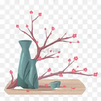 卡通手绘冬季梅花墨绿色日式酒壶免扣png