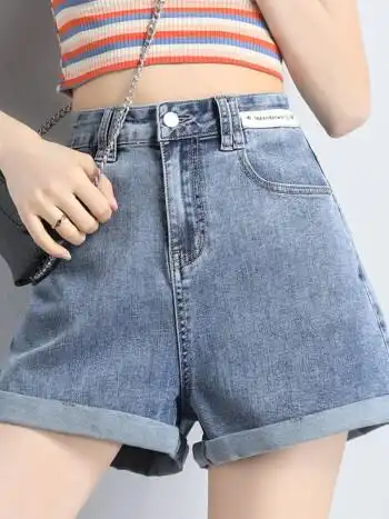 裤子休闲大码宽松2022夏季新款高腰显瘦排扣韩版时尚卷边a字女装热裤