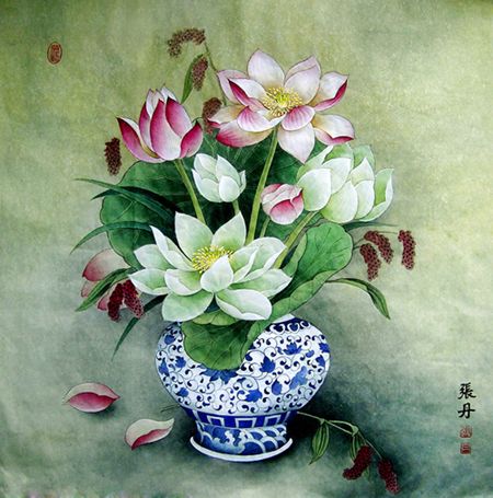 小小渔埃及棉 【荷花插花花瓶】中国风书房精准印花十字绣套件