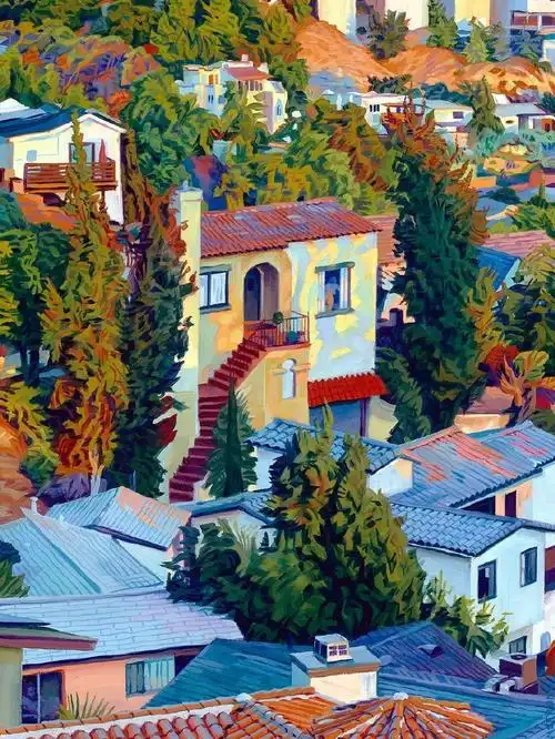 装饰画插画风景画房子色彩美丽的小镇