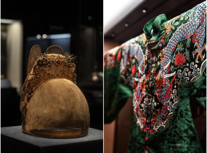 右图:明孝端皇后绿织金妆花通袖过肩龙柿蒂缎立领女夹衣