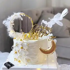 皇冠蛋糕摆件烘焙装饰镶钻宝石金色珍珠小皇冠儿童女神生日羽毛圈