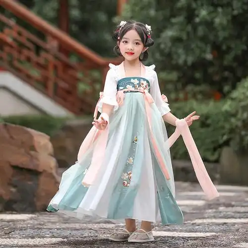 汉服女童夏季薄款中国风刺绣唐装小女孩超仙仙女装公主裙儿童礼服