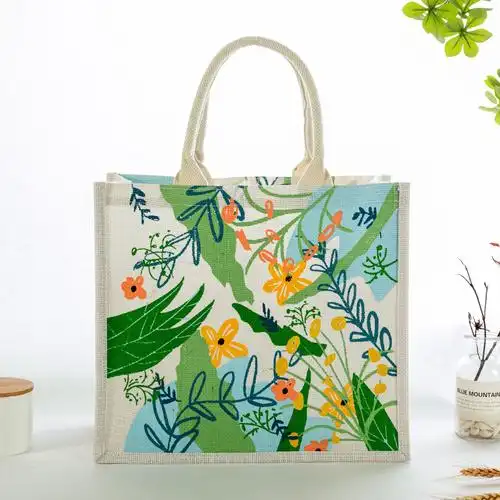 时尚简约麻布手提袋女亚麻印花大容量卡通环 保购物袋旅游便当包