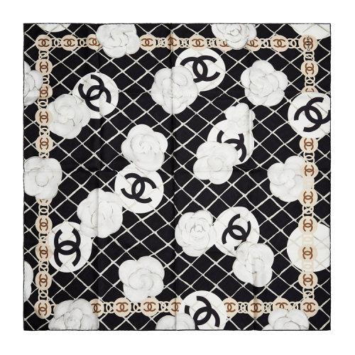 chanel/香奈儿 黑白色真丝丝巾 山茶花logo【99新未使用】