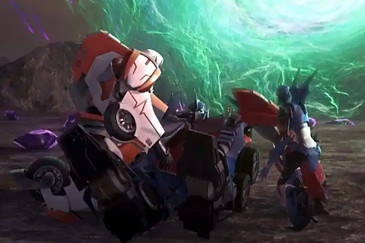 擎天柱被威震天打伤了救护车和阿尔茜通过陆地桥把他带回了基地