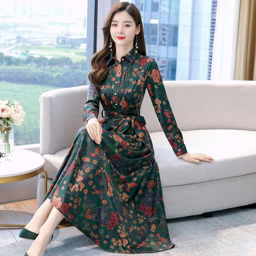 国际名牌长袖真丝连衣裙秋冬款2022年新款高端大牌妈妈秋季长裙女