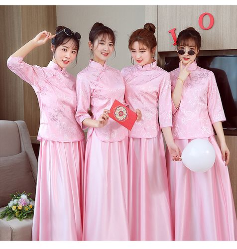 伴娘服长款2020新款秋季中式结婚姐妹团姐妹裙修身显瘦宴会礼服女