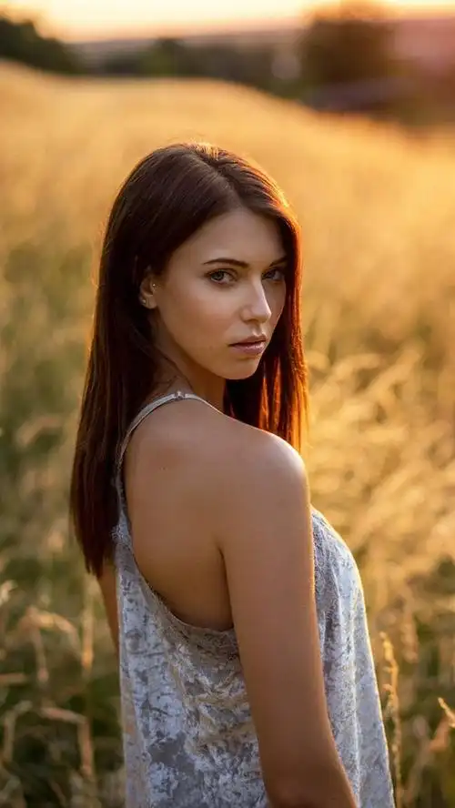 棕色头发的女孩回头看,裙子,草,夏天 iphone 壁纸