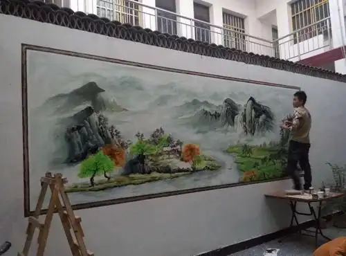 手绘墙 壁画 兄弟庭院巨幅山水