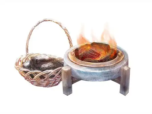 彩色卡通手绘冬天冬季火炉火盆煤炭png素材元素