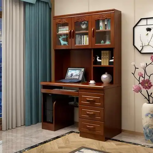 实木书桌新中式书柜一体直角书架组合家用转角电脑桌书房家具套装定制