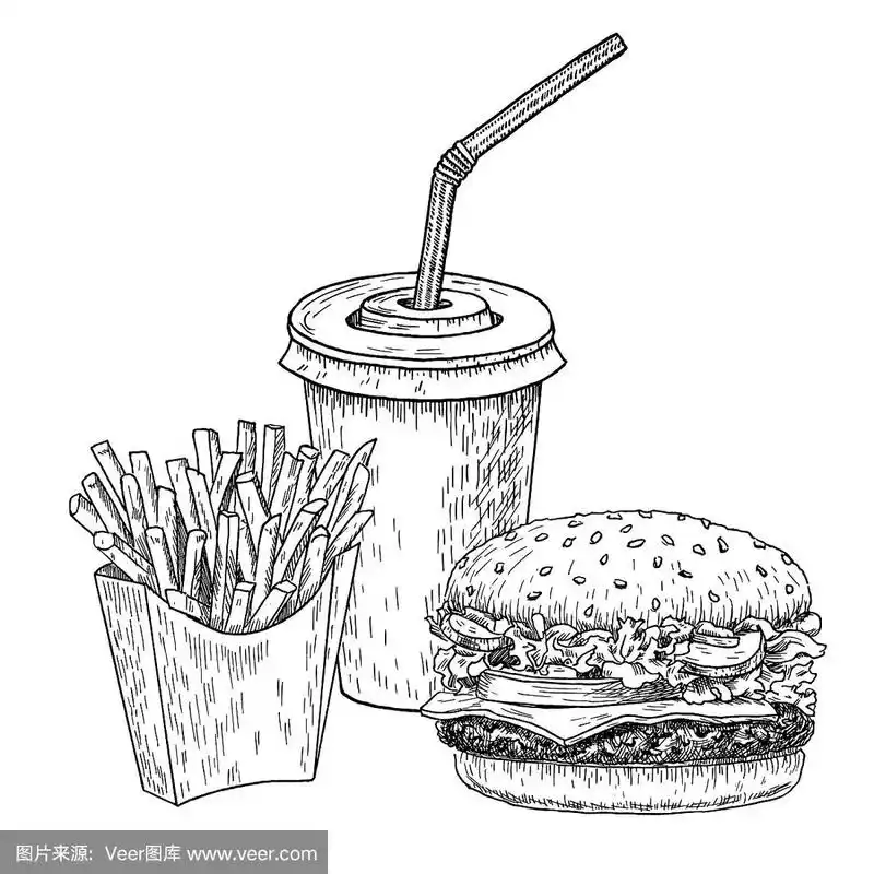 汉堡,薯条和可乐手绘矢量图.快餐雕刻风格.汉堡素描孤立的白色背景.