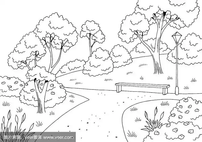 公园图形黑白长凳灯景观素描插图向量