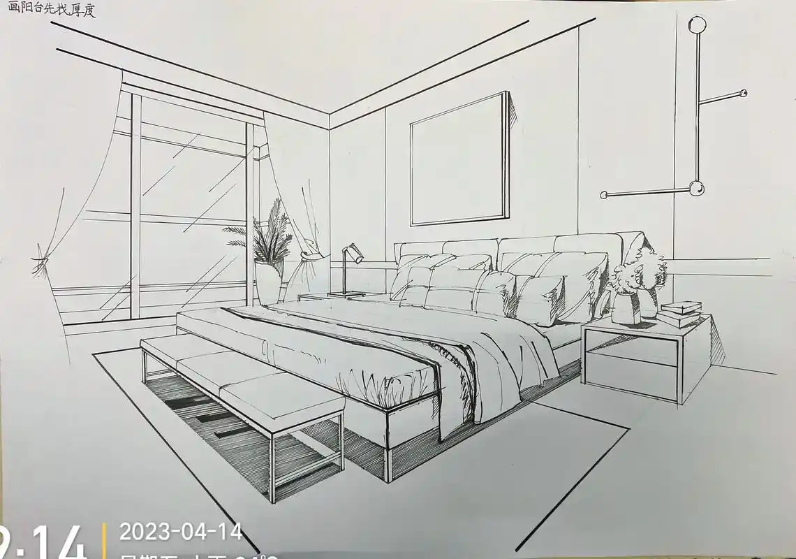 《手绘》卧室小场景.1:确定是几点透视?是两点透视,再加主观 - 抖音