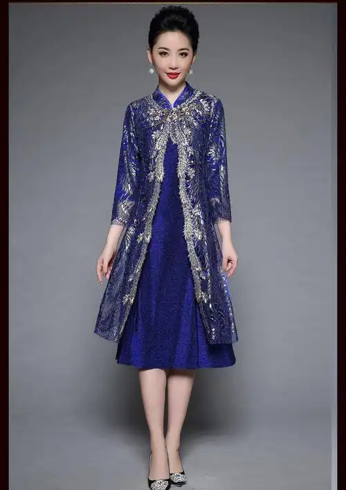 喜婆婆2021春夏中老年两件套妈妈装婚礼服女装结婚宴套装连衣裙秋