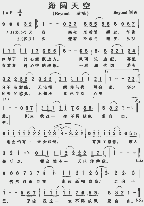 海阔天空_歌谱简谱_哆来咪123曲谱网