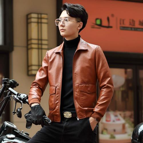 男士 机车外套潮 2021秋季 真皮翻领皮夹克短款 男韩版 新款 休闲修身