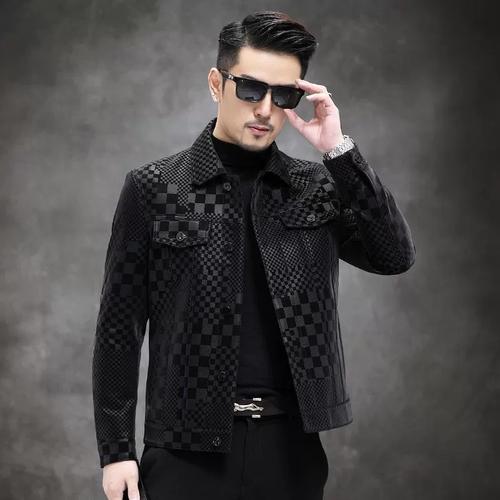 海宁皮衣男外套秋冬季爆款棋盘格印花时尚气质翻领皮夹克外套上衣