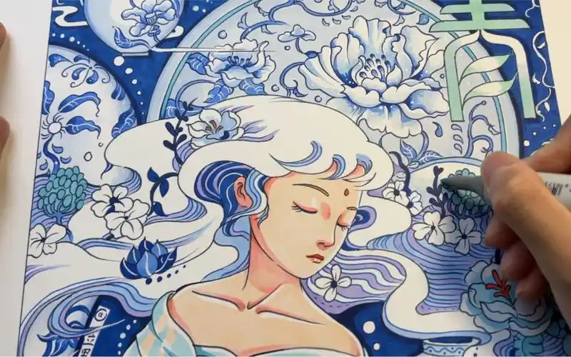 【青花瓷-新国风-原创马克笔插画装饰画作品-视觉传达手绘-原创作品】