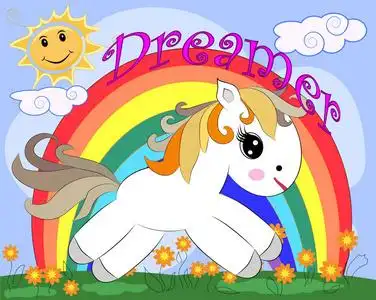 白色的小马在一片空地上,有花彩虹的太阳. 儿童插图童话故事照片