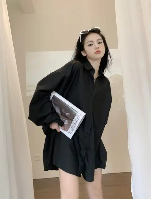 大码廓形oversize黑色衬衫女早春季宽松纯欲丝滑百搭衬衣上衣ins - 17