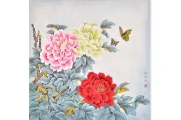 仇谷四尺斗方花鸟画蝴蝶牡丹《花开富贵图》