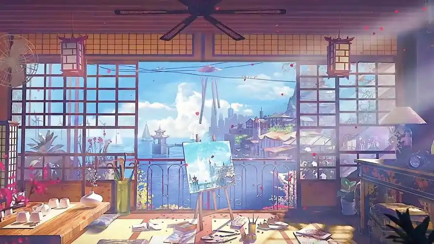 【温柔治愈系列】动漫风格～在温馨小屋面对着大海画画_哔哩哔哩