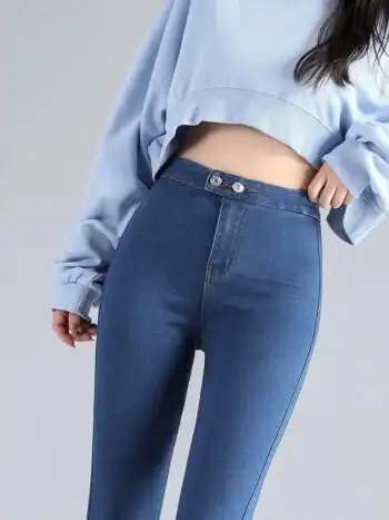 拉夏贝尔la休闲裤女秋季欧美风夏薄弹性提臀紧身蜜桃臀牛仔裤女小脚裤