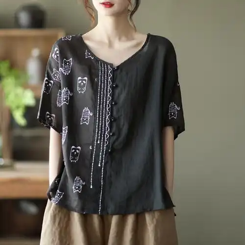 夏季复古苎麻上衣女文艺宽松百搭短袖棉麻套头衫白色亚麻薄款t恤