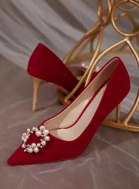 秀禾服2022年新款酒红色女结婚鞋子