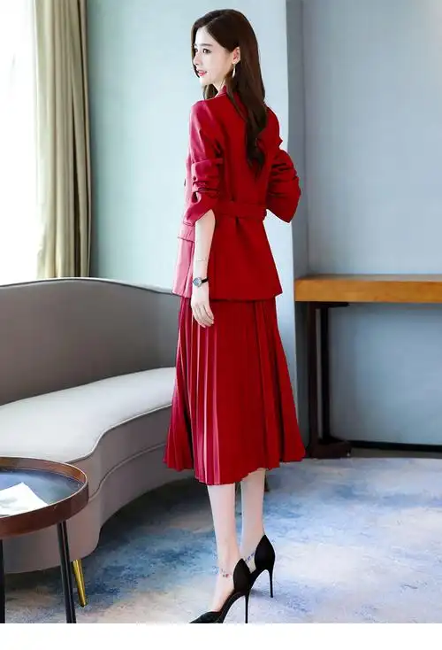 高端精品红色套裙春秋款2020秋季新款气质西装两件套连衣裙名媛洋气