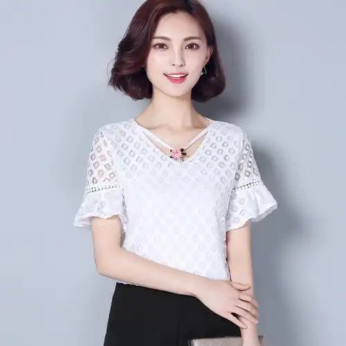 女士上衣夏季新款韩版女装修身显瘦镂空圆领短袖蕾丝拼接小衫