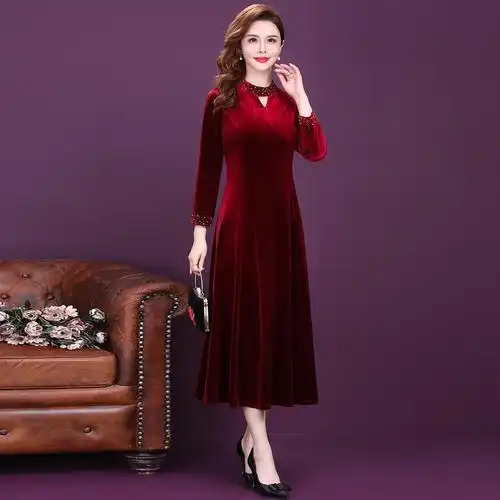 婚礼妈妈礼服金丝绒旗袍连衣裙改良秋季2021新款贵气喜婆婆婚宴装