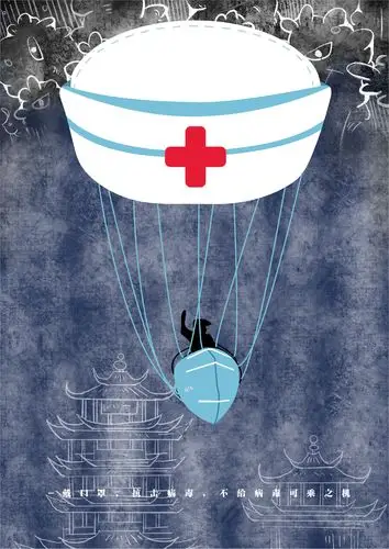 口罩能够有效地避免人感染到新冠肺炎,背景的城楼代表着武汉的黄鹤楼