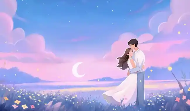 情侣唯美浪漫情人节爱情情侣拥抱亲吻手绘插画温馨氛围感场景海报人物