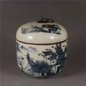 民国居仁堂青花江南水乡盖罐农村古董老货茶叶罐盖罐老物件收藏品