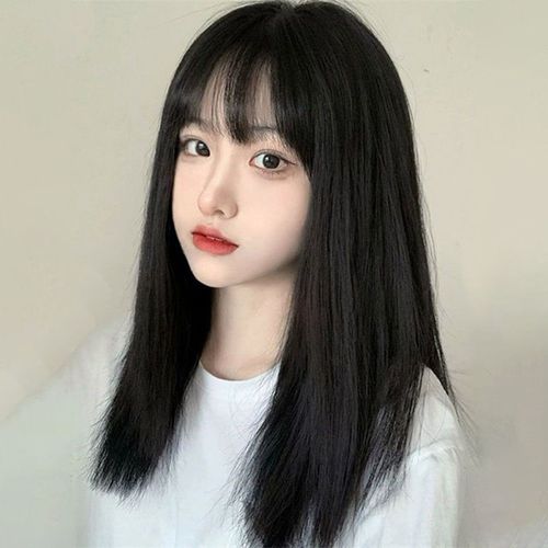 片希lolita假发女长发自然全头套圆脸齐刘海黑色中长发减龄发型发套深