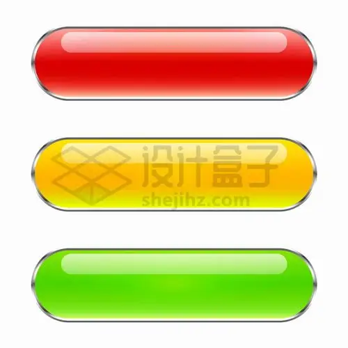 银灰色金属边框红色黄色绿色圆角水晶玻璃按钮png图片素材 - 设计盒子
