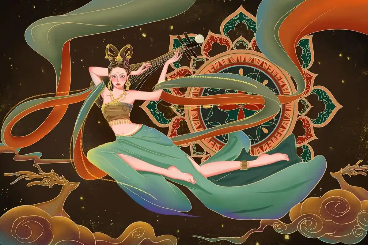 国风插画|敦煌飞天少女 《反弹琵琶》是敦煌壁画《无量寿经变》的局部