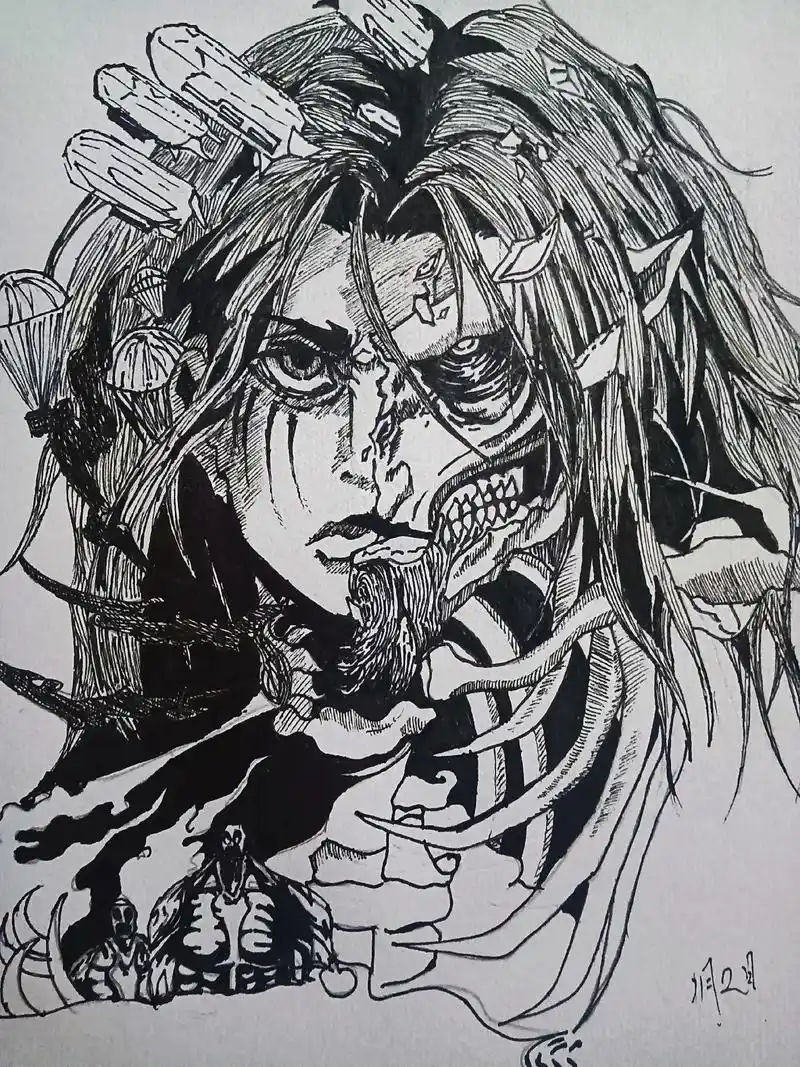 艾伦耶格尔#针管笔手绘#临摹 #动漫#进击的巨人  什么也 - 抖音