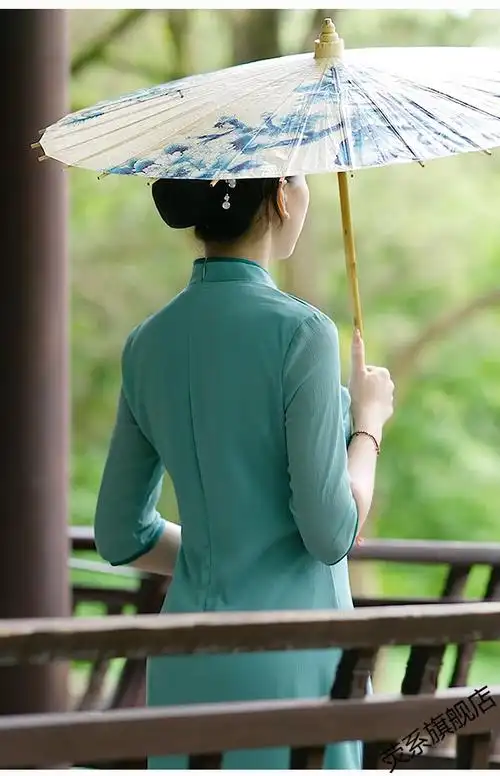 改良旗袍女2022年新款年轻款夏季复古民国气质优雅长款连衣裙高端青色