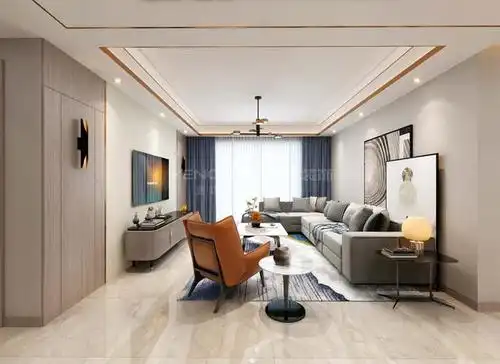 客厅在设计上以简约为主,吊顶用金属细框线装饰,有凹进,有凸显