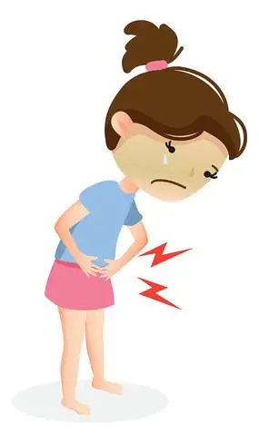 矢量卡通插画肚子痛的小女孩和小白兔