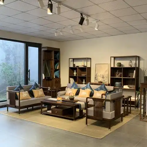 乐木文化禅意新中式全实木黑胡桃老榆木客厅布艺沙发茶几套装组合