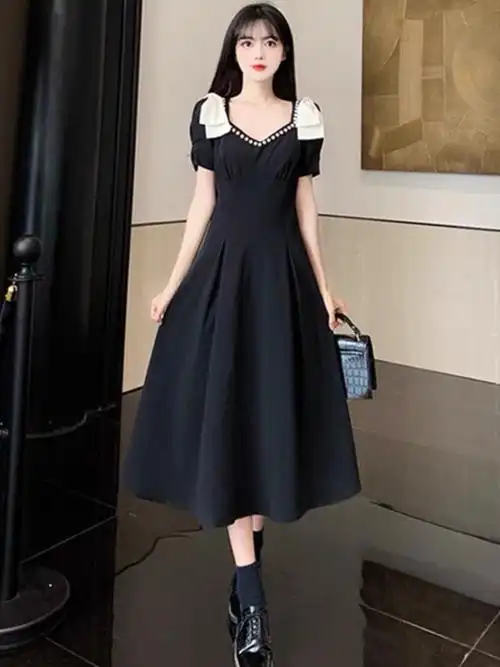 大码法式蝴蝶结连衣裙女夏季新款胖mm赫本风小黑裙长