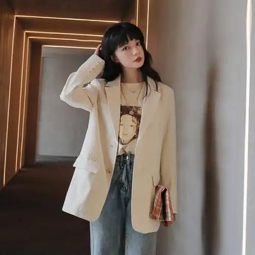 艳如飞高级米色春秋西装外套女设计感小众韩版宽松英伦风休闲小个子